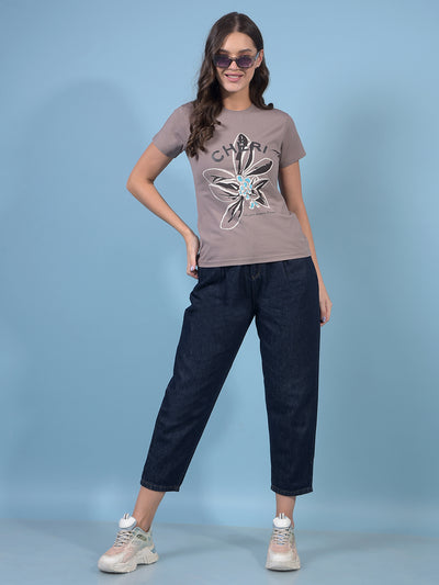 Women's Brown Graphic Print T-Shirt-Women T-Shirts-Crimsoune Club