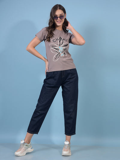 Women's Brown Graphic Print T-Shirt-Women T-Shirts-Crimsoune Club