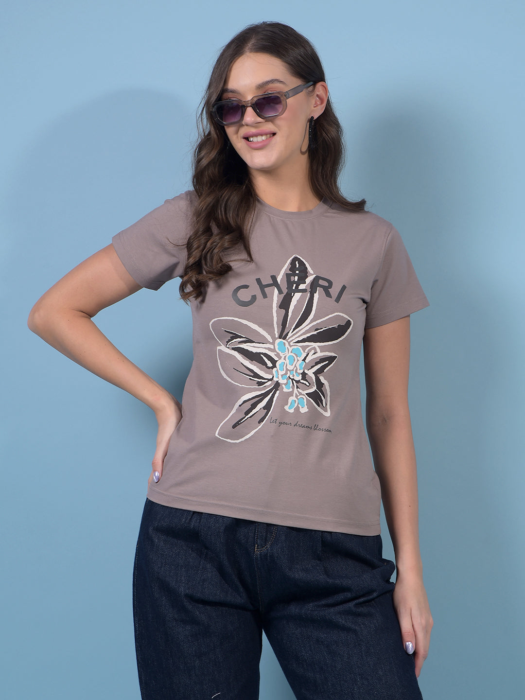 Women's Brown Graphic Print T-Shirt-Women T-Shirts-Crimsoune Club