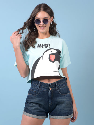 Women's Blue Graphic Print Crop Length T-Shirt-Women T-Shirts-Crimsoune Club