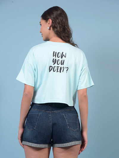 Women's Blue Graphic Print Crop Length T-Shirt-Women T-Shirts-Crimsoune Club