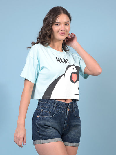 Women's Blue Graphic Print Crop Length T-Shirt-Women T-Shirts-Crimsoune Club