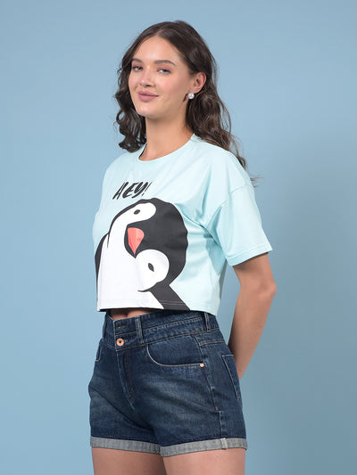 Women's Blue Graphic Print Crop Length T-Shirt-Women T-Shirts-Crimsoune Club