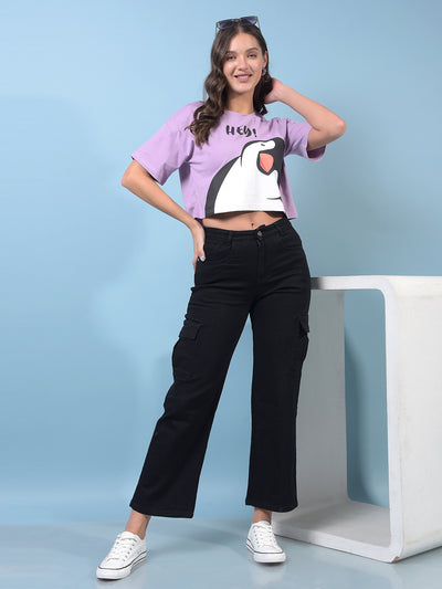 Women's Purple Graphic Print Crop Length T-Shirt-Women T-Shirts-Crimsoune Club