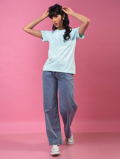 Blue Graphic Print T-Shirt-Women T-Shirts-Crimsoune Club