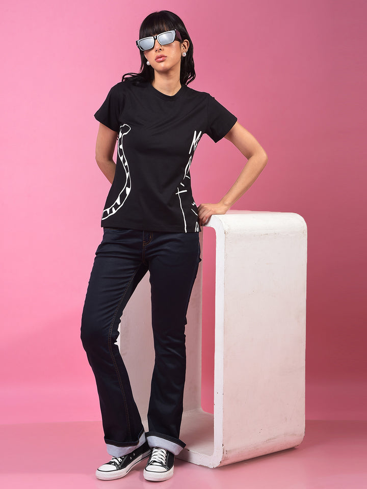 Black Graphic Print T-Shirt-Women T-Shirts-Crimsoune Club