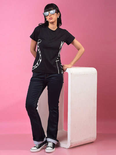Black Graphic Print T-Shirt-Women T-Shirts-Crimsoune Club