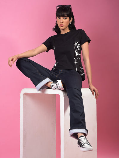 Black Graphic Print T-Shirt-Women T-Shirts-Crimsoune Club