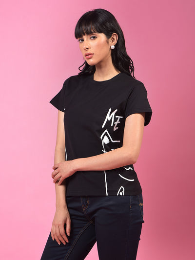 Black Graphic Print T-Shirt-Women T-Shirts-Crimsoune Club