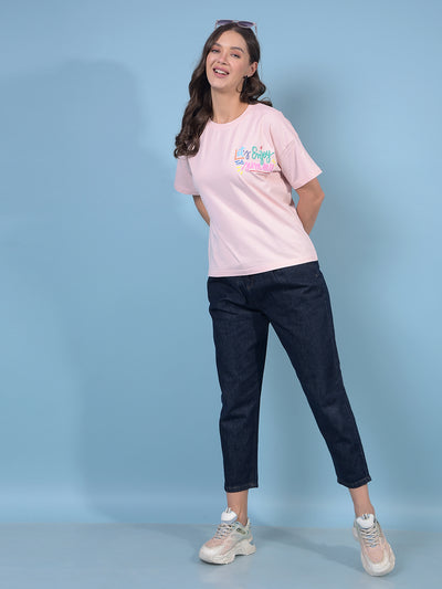 Women's Pink Typographic Print T-Shirt-Women T-Shirts-Crimsoune Club