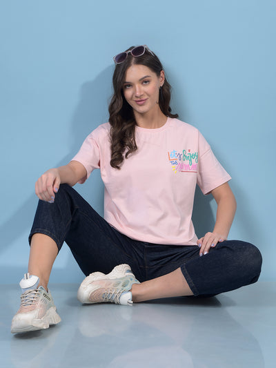 Women's Pink Typographic Print T-Shirt-Women T-Shirts-Crimsoune Club