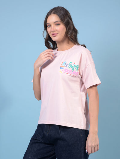 Women's Pink Typographic Print T-Shirt-Women T-Shirts-Crimsoune Club