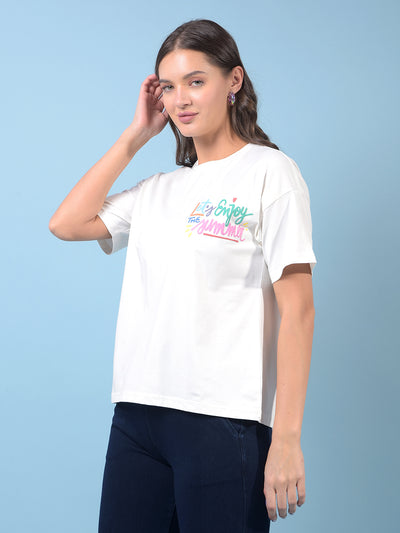 Women's White Typographic Print T-Shirt-Women T-Shirts-Crimsoune Club