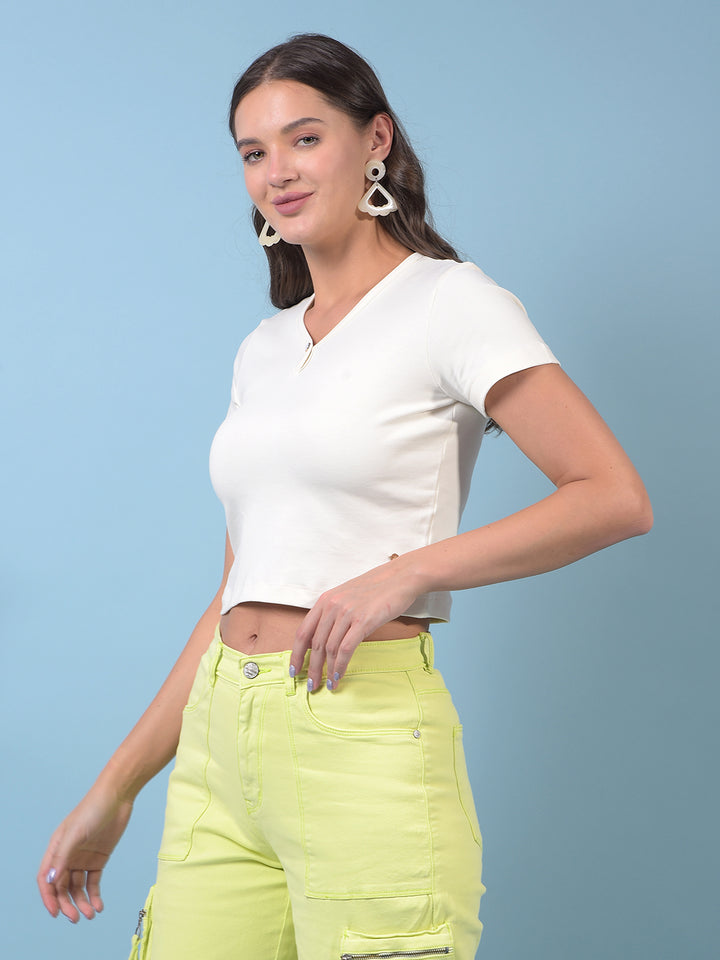 Women's Off White Crop Length 100% Cotton V-Neck T-Shirt-Women T-Shirts-Crimsoune Club