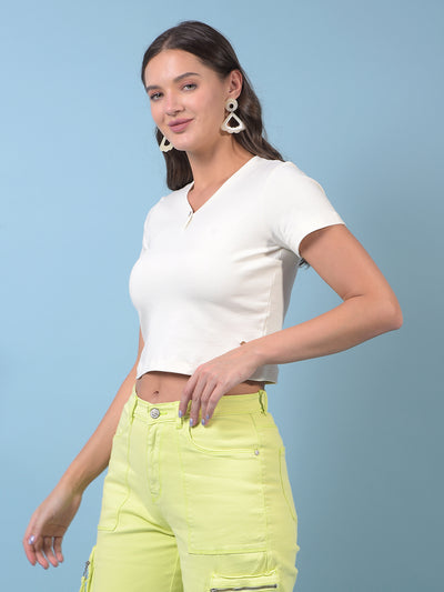 Women's Off White Crop Length 100% Cotton V-Neck T-Shirt-Women T-Shirts-Crimsoune Club