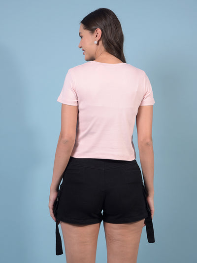 Women's Pink Crop Length 100% Cotton V-Neck T-Shirt-Women T-Shirts-Crimsoune Club
