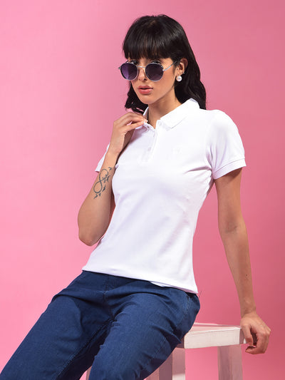 White Polo Neck T-Shirt-Women T-Shirts-Crimsoune Club