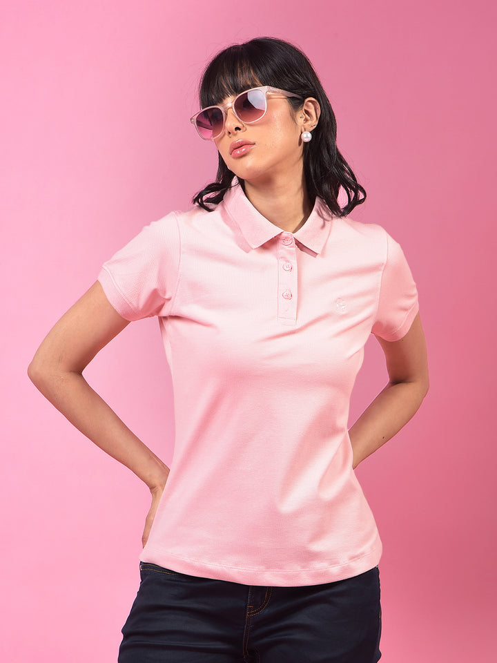Pink Polo Neck T-Shirt-Women T-Shirts-Crimsoune Club
