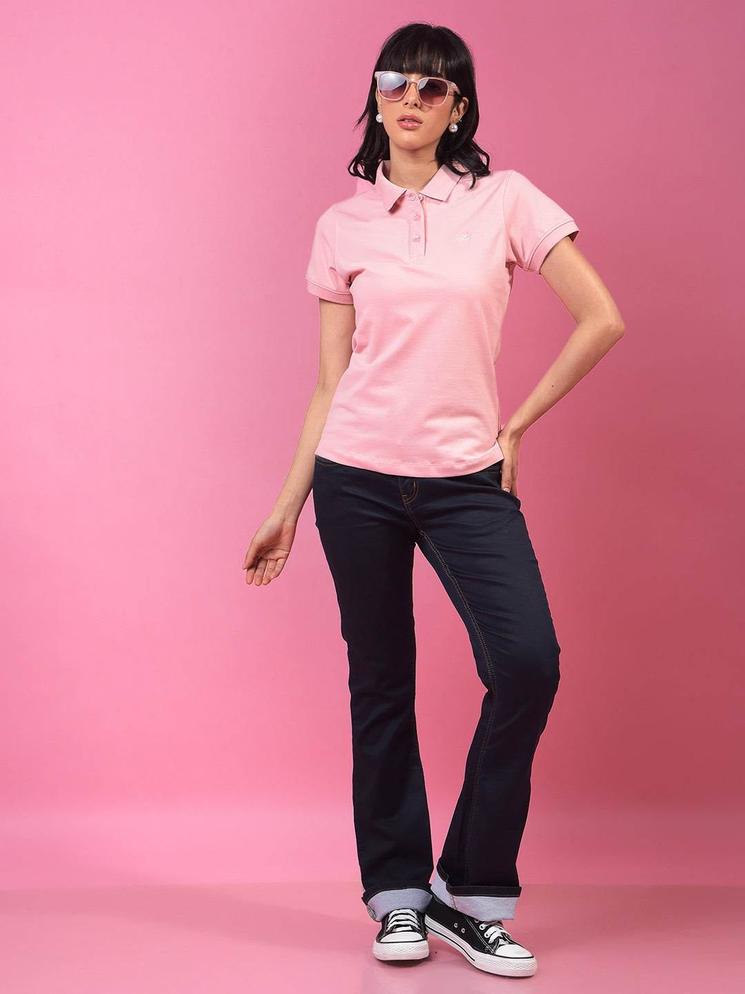 Pink Polo Neck T-Shirt-Women T-Shirts-Crimsoune Club