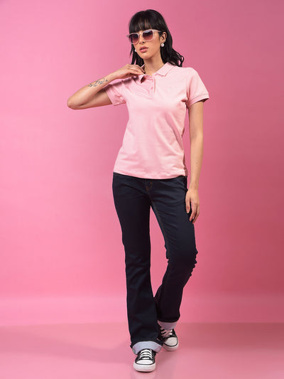 Pink Polo Neck T-Shirt-Women T-Shirts-Crimsoune Club