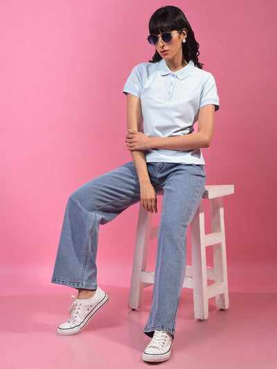 Blue Polo Neck T-Shirt-Women T-Shirts-Crimsoune Club