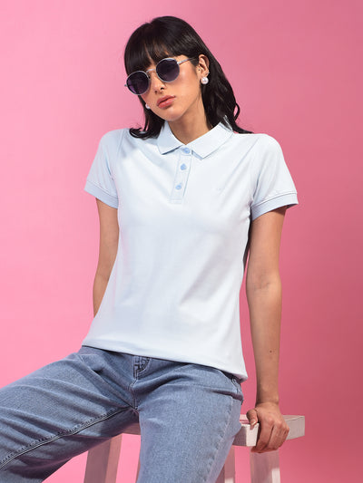 Blue Polo Neck T-Shirt-Women T-Shirts-Crimsoune Club