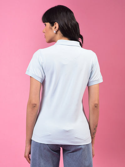 Blue Polo Neck T-Shirt-Women T-Shirts-Crimsoune Club