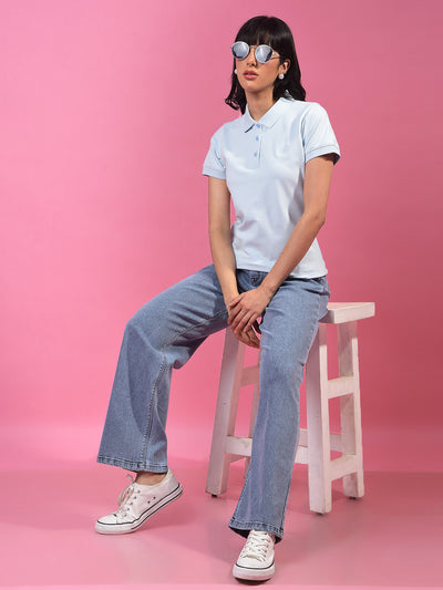 Blue Polo Neck T-Shirt-Women T-Shirts-Crimsoune Club