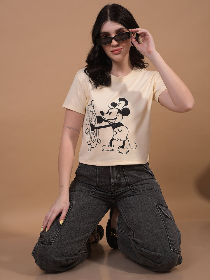 Women's Cream Graphic Print Cropped T-Shirt-Women T-Shirts-Crimsoune Club