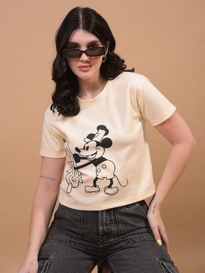Women's Cream Graphic Print Cropped T-Shirt-Women T-Shirts-Crimsoune Club