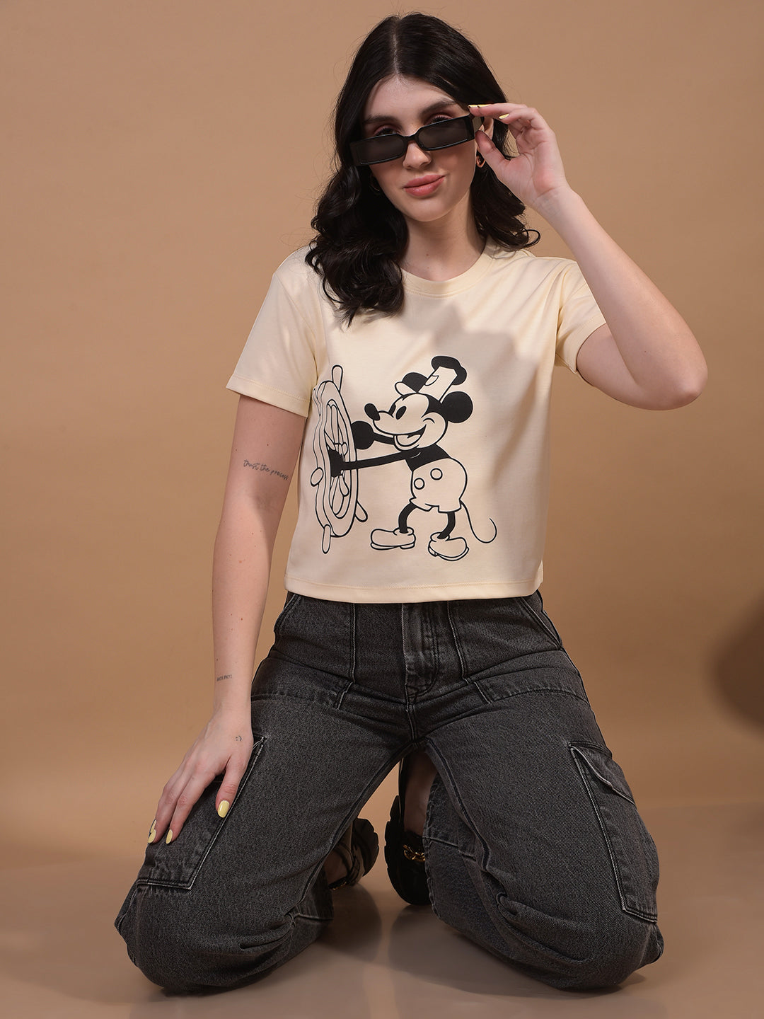 Women's Cream Graphic Print Cropped T-Shirt-Women T-Shirts-Crimsoune Club