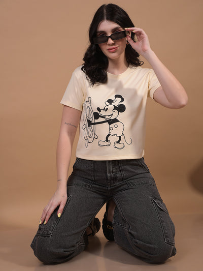Women's Cream Graphic Print Cropped T-Shirt-Women T-Shirts-Crimsoune Club