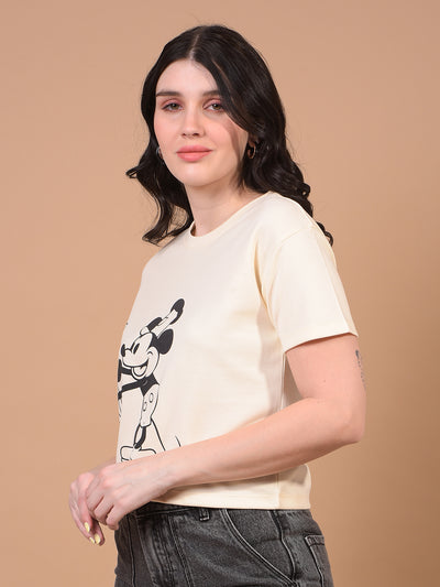 Women's Cream Graphic Print Cropped T-Shirt-Women T-Shirts-Crimsoune Club