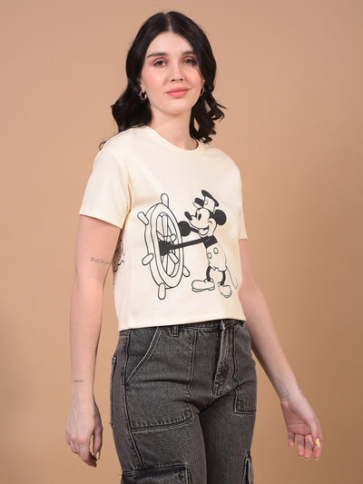 Women's Cream Graphic Print Cropped T-Shirt-Women T-Shirts-Crimsoune Club