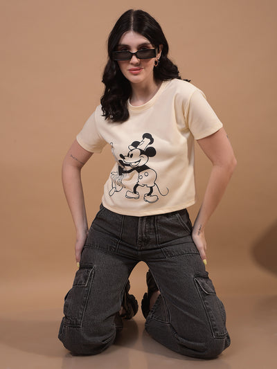 Women's Cream Graphic Print Cropped T-Shirt-Women T-Shirts-Crimsoune Club