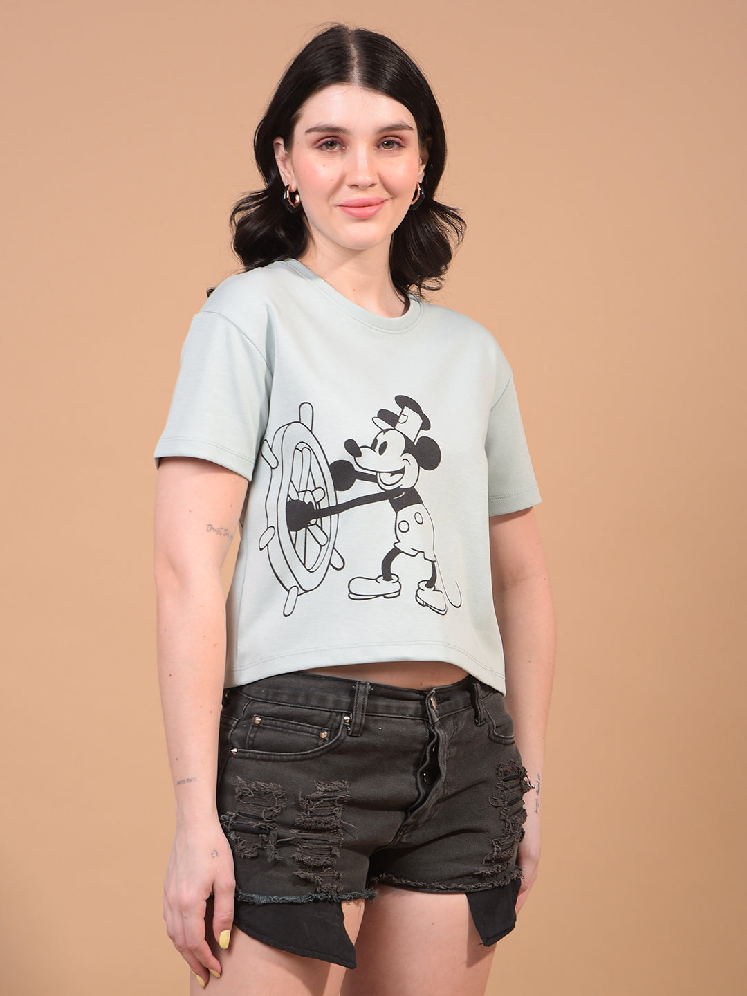 Women's Green Graphic Print Cropped T-Shirt-Women T-Shirts-Crimsoune Club