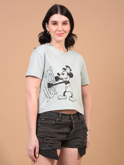 Women's Green Graphic Print Cropped T-Shirt-Women T-Shirts-Crimsoune Club