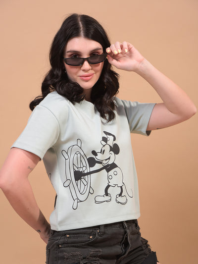 Women's Green Graphic Print Cropped T-Shirt-Women T-Shirts-Crimsoune Club