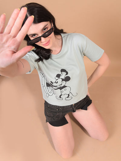 Women's Green Graphic Print Cropped T-Shirt-Women T-Shirts-Crimsoune Club