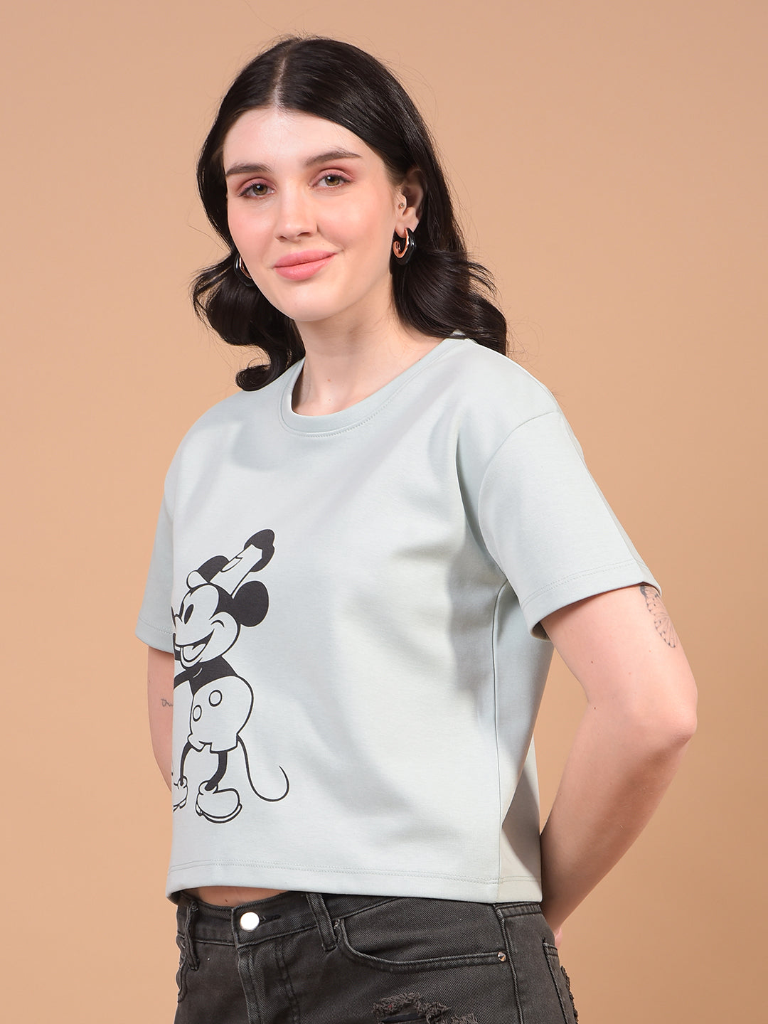 Women's Green Graphic Print Cropped T-Shirt-Women T-Shirts-Crimsoune Club