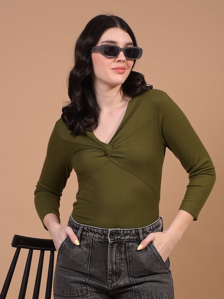 Women's Green V-Neck Cropped Top-Women Tops-Crimsoune Club