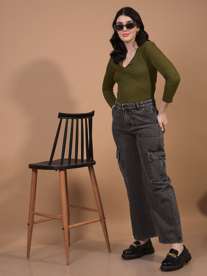 Women's Green V-Neck Cropped Top-Women Tops-Crimsoune Club