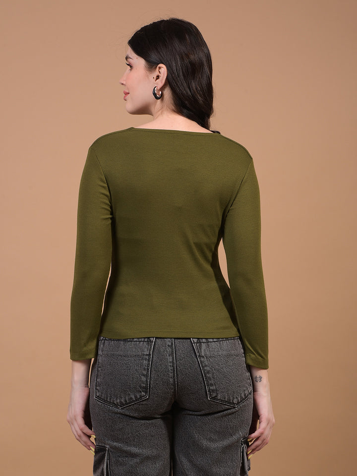 Women's Green V-Neck Cropped Top-Women Tops-Crimsoune Club