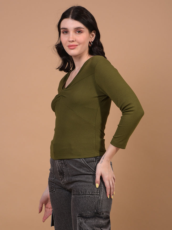 Women's Green V-Neck Cropped Top-Women Tops-Crimsoune Club