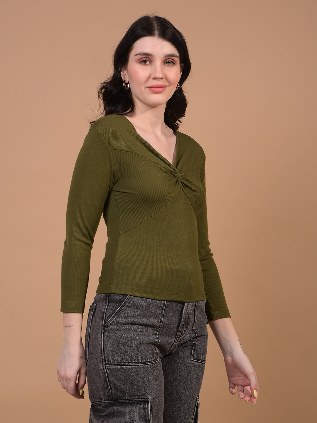 Women's Green V-Neck Cropped Top-Women Tops-Crimsoune Club