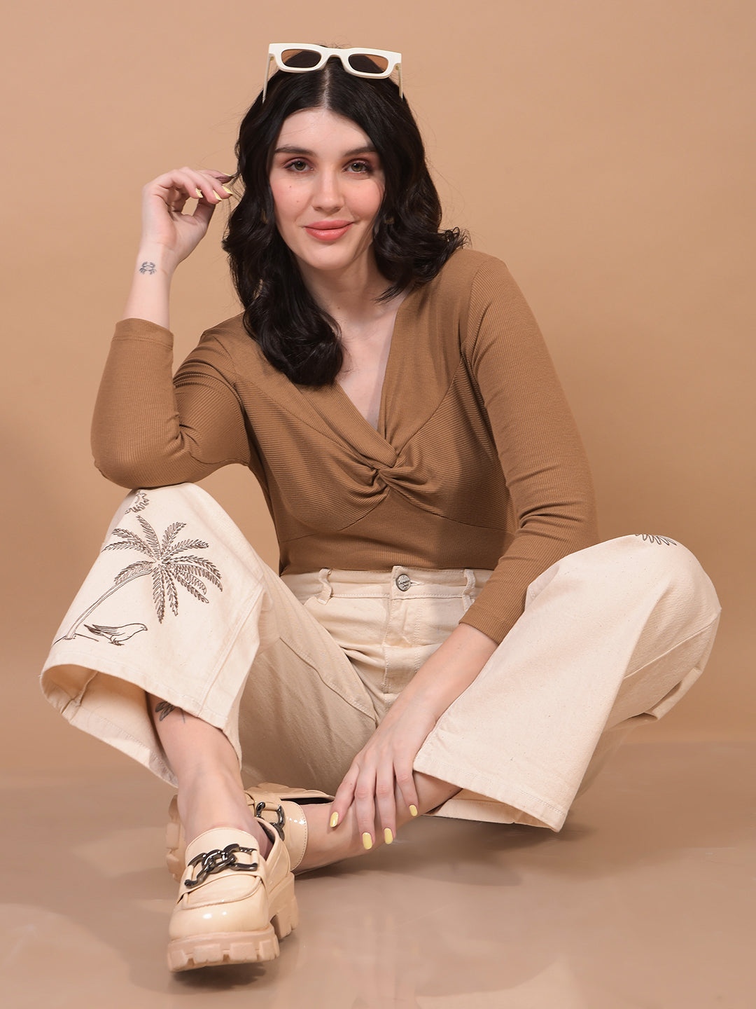 Women's Khaki V-Neck Cropped Top-Women Tops-Crimsoune Club