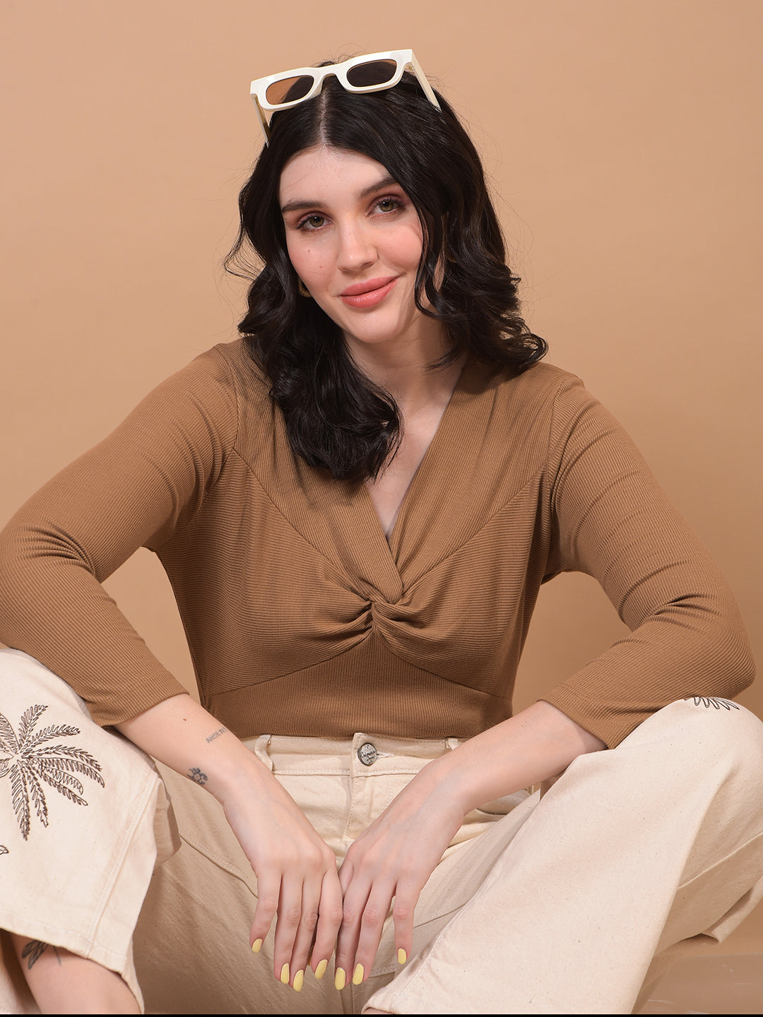 Women's Khaki V-Neck Cropped Top-Women Tops-Crimsoune Club