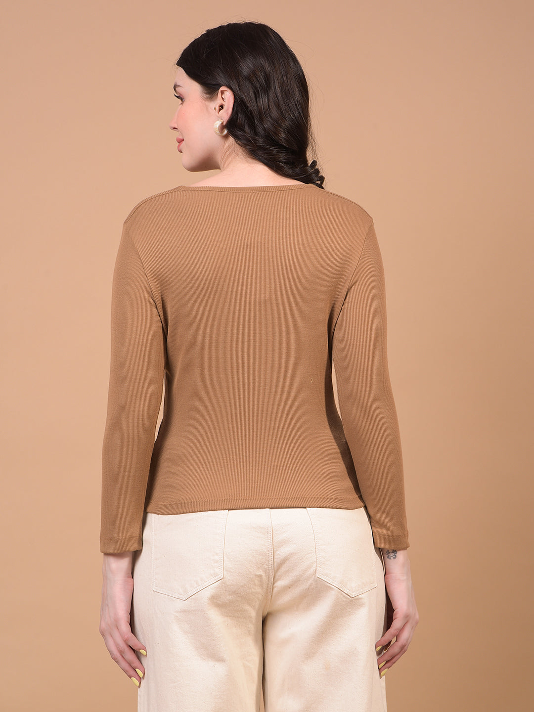 Women's Khaki V-Neck Cropped Top-Women Tops-Crimsoune Club