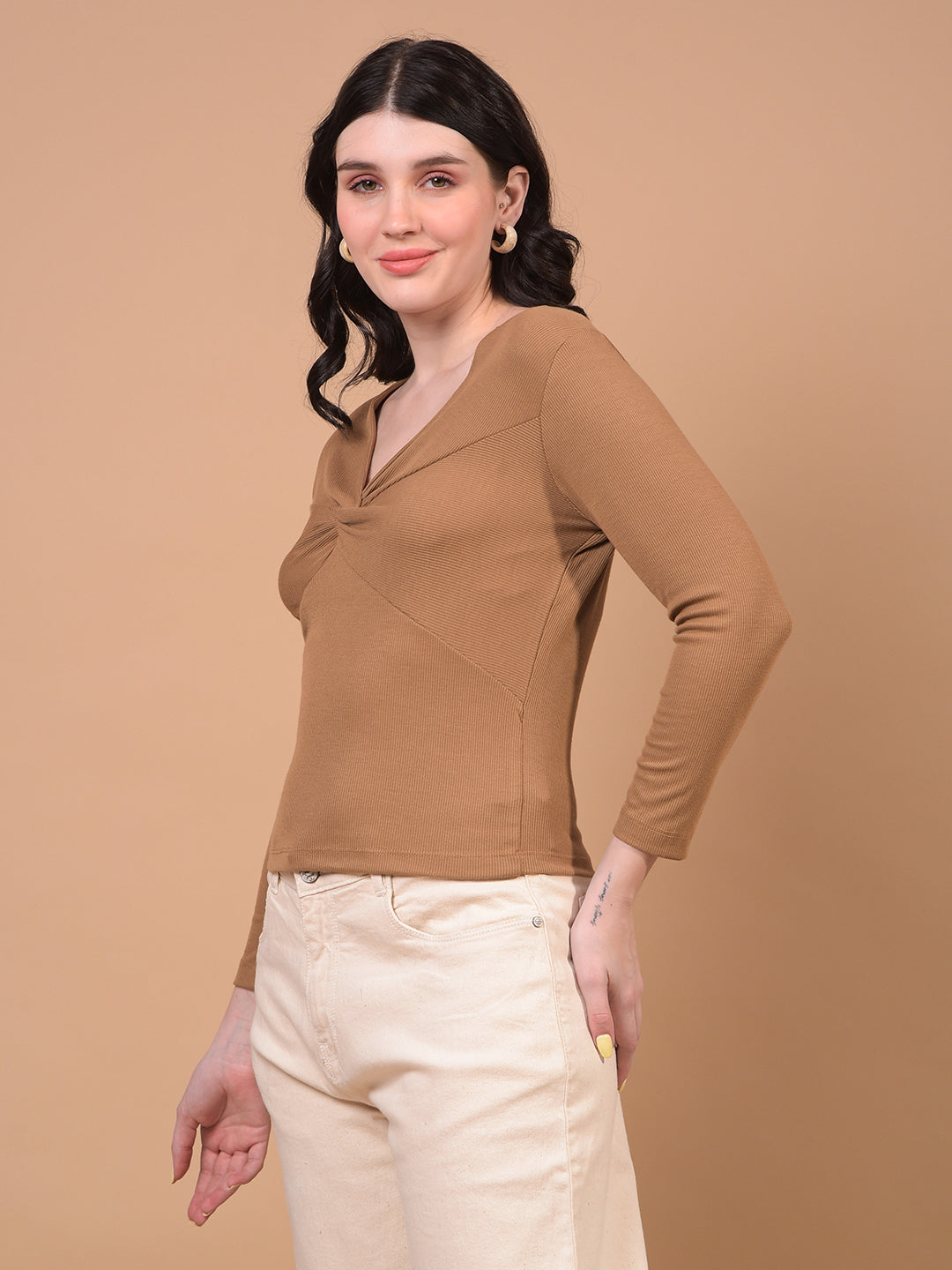 Women's Khaki V-Neck Cropped Top-Women Tops-Crimsoune Club