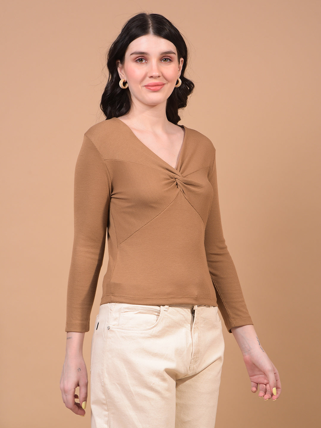 Women's Khaki V-Neck Cropped Top-Women Tops-Crimsoune Club